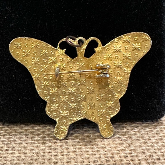 Gorgeous Cloisonne Butterfly Brooch / Pendant- gold tone w/ blue, black, white - Picture 7 of 8